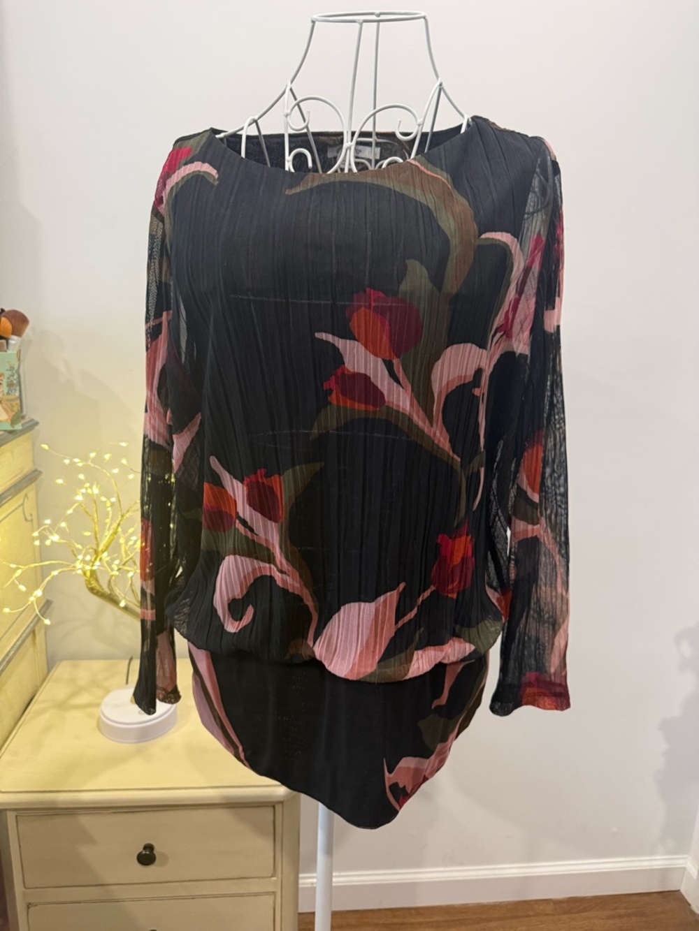 Chico's Black Floral Sheer Blouson Top with Pink & Red Blooms